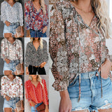 Women's Floral Print V Neck Blouse Shirts Loose Fit Long Lantern Sleeve T Shirts Pullover Tops