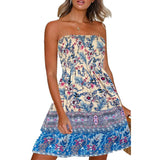 Sleeveless Strapless Off Shoulder A-line Dress Swing Hem Loose Fit Floral Printed T Shirt Dresses