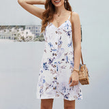 Women Sleeveless V Neck Dress Leopard Printed Splicing Casual Swing Dress Button