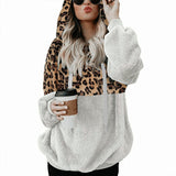 Women Loose Leopard Print Hoodie Long Sleeve Hooded Sweater Pullover Tops Zipper