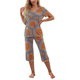 Women Floral Pajama Set Sleepwear Tops with Capri Pants Outfits Ladies Summer Comfy Sleep Nightshirt PJS Set
