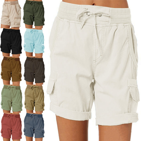 Women's Cotton Linen Wide Leg Cargo Shorts Casual Multi Pockets Loose Fit Shorts