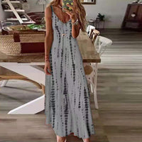 Women's Stitch Tie Dye Printed Dress V Neckline Summer Maxi Sleeveless Dresses