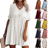 Women Solid Pom Pom V Neck Mini Dress Ruffle Short Sleeve Swing Dress Casual Summer Beach Sundress