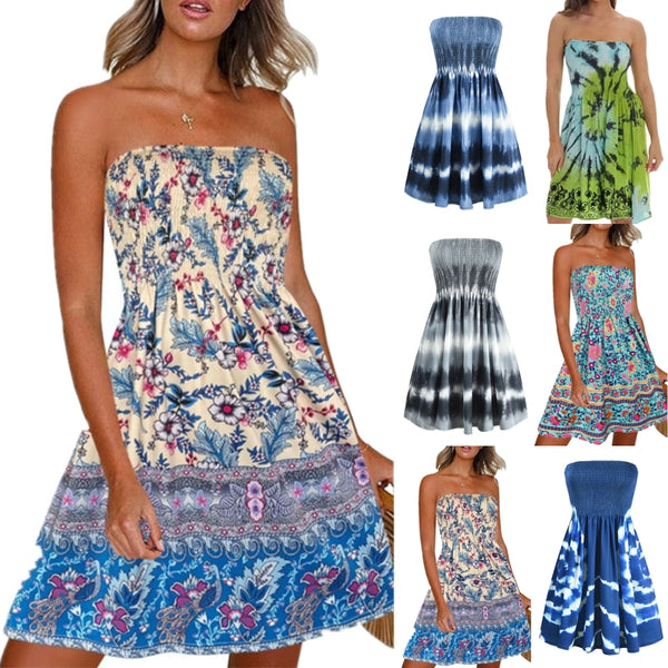 Sleeveless Strapless Off Shoulder A-line Dress Swing Hem Loose Fit Floral Printed T Shirt Dresses