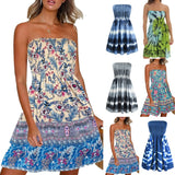 Sleeveless Strapless Off Shoulder A-line Dress Swing Hem Loose Fit Floral Printed T Shirt Dresses