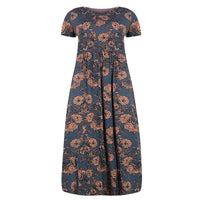 Womens Floral Printed Crew Neck Maxi Dresses Short Sleeves Plus Size Swing Dress