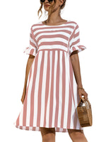 Women Fashion Skirt Striped Printed Short Sleeve Round Neck Casual Dress Ruffles