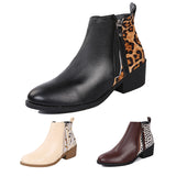 Women's Leopard Stitching Casual Ankle Boots Zip Round Toe Chunky High Top Shoes