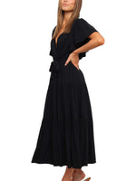 Women's Solid Color Dress Long Short Sleeve Lace Up V Neck Comfortable Dresses
