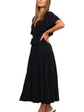 Women's Solid Color Dress Long Short Sleeve Lace Up V Neck Comfortable Dresses