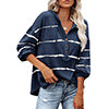 Women Casual V Neck Loose Long Sleeve Shirt Button Stripe Top Blouse Sweatshirt
