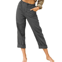 Women Ladies Solid Cotton Linen Pants Pocket Button Loose Ladies Casual Trousers