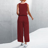 Womens Casual Solid Color Sleeveless Jumpsuit Long Pants