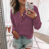 Women's Front Button Long Crochet Pockets Sleeve Lightweight Rib Tee Shirt Top