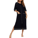 Lumento Women Pajamas Zipper Front Nightgown Full Length Lounge Dress with Pockets