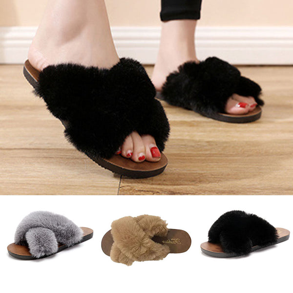 Womens Plush Soft House Slippers Non-Slip Slip on Open Toe Cozy Slides Shoes