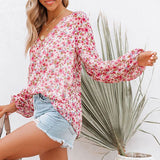 Ladies V-neck Floral Blouse Women's Lantern Long Sleeves Loose Fit Tops Shirts