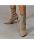 Womens Knitted Stretch Cloth Slip On Ankle Boots Pointed Toe Fashionable Kitten High Heels Boots