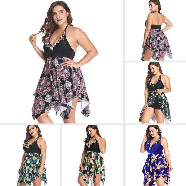 Women's Plus Size Swimsuit Floral Printed Swimwear Tummy Control Swimdress