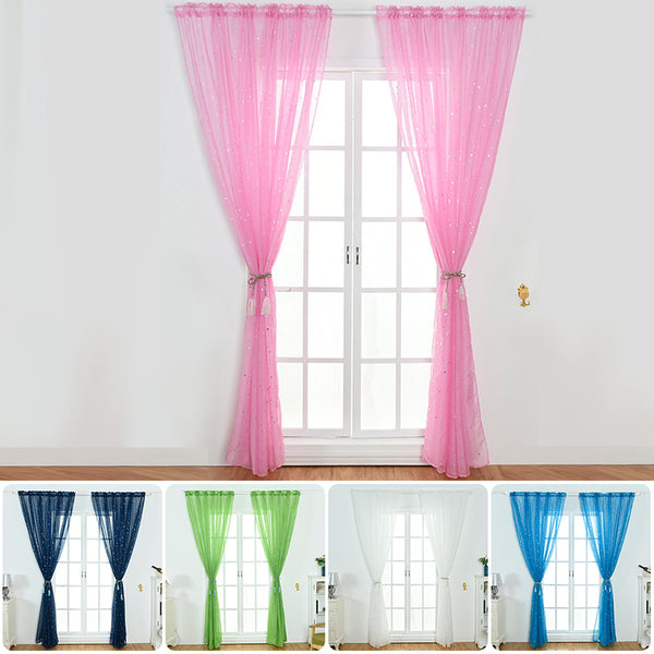 Stars Printed Tulle Sheer Curtain Transparent Window Drapes Voile Valance Decor