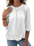 Women Solid Color Crew Neck Ruched 3/4 Sleeve Tops T-Shirt Blouse Pullover Tee