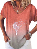 Women Summer Gradient Top V Neck Short Sleeve T Shirt Casual Dandelion Print Blouse Loose Pullover