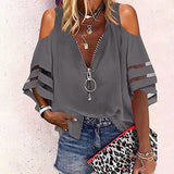 Lumento Women V Neck Zip Up Blouses Half Bell Sleeve Loose Casual Shirts Tops