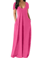 Women Solid Color Long Dress U Neck With Pockets Short Sleeve Comfortable Dress