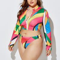 Women Plus Size 3 Piece Bikini  Swimsuit Long Sleeve Bathing Suit Zipper Front Beachwear Swimwear With Scarf