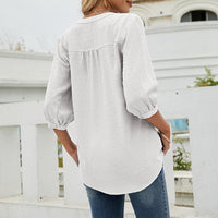 Lumento Women's Casual 3/4 Sleeve Shirt Henley V-Neck Button Up Pleated Tops Swiss Dot Blouse