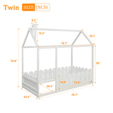 CUH Wood House Bed Twin/Full Size Kids Bed Frame with Roof and Fence, Cabin Bed, Floor Bed, Nursery Furniture, Kids Tent Bed Play Tent for Children Teens Girls Boys