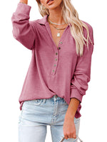 Calzi Women Solid Collar Shirt Buttons Down Loose Tunic Tops V Neck Long Sleeve Tee Shirts Pullover Blouse Top Blue XL