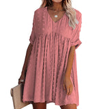 Women Solid Pom Pom V Neck Mini Dress Ruffle Short Sleeve Swing Dress Casual Summer Beach Sundress