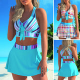 Women Sexy Swimwear V Neck Sleeveless Skirt Set Bow Tie Casual Bathing Suit High Waist Backless Swimdress Ruffle Hem Holiday Summer
