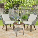 Goory Acacia Wood Chair Legs Woven-Rope Conversation Sets 3-Piece Bistro Set Zippered Cushion&Pillow Backyard Aluminium Frame Portable Patio Storage Shelf Under Top Gray Rope+Beige Fabric Garden Porch