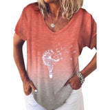 Women Summer Gradient Top V Neck Short Sleeve T Shirt Casual Dandelion Print Blouse Loose Pullover