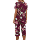 Women Floral Pajama Set Sleepwear Tops with Capri Pants Outfits Ladies Summer Comfy Sleep Nightshirt PJS Set
