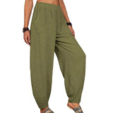 Women Solid Color Loose Cotton Linen Casual Pants Wide Leg Trouser with Pockets