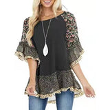 Women Leopard Print Floral Print Tops Bat Sleeve Color Block Half Sleeve T-shirt