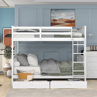 CUH Teens Adults Heavy Duty Full-Length Guardrail Bunk Beds Frame Wood With Ladders And 2 Storage Drawers Full-Over-Full Space-Saving