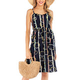 Women Backless Spaghetti Strap Dress Floral Print Pocket Summer Sexy Beach Dress