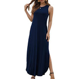 Womens Casual Summer Sleeveless Maxi Long Dress Side Split Tank Dress Plus Size T Shirt Sun Dress with Pocket