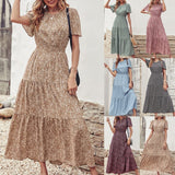 Lumento Women Summer Floral Print Dress Casual Boho Short Sleeve Ruffle Tiered Dress Swing Maxi Dress