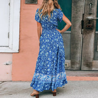 Lumento Women Floral Print Dress Summer V Neck Boho Dress Short Sleeve Long Maxi Dress