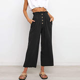 Women Plain Daily Wear Trousers Casual Buttons Palazzo Pant Loose Fit Solid Color Pants