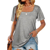Women Loose Solid Color Ruched Tunic Short Sleeve Stripe T Shirts