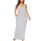 Women Solid Plus Size Sleeveless Maxi Dress V Neck Summer Spaghetti Straps Dress Double Side Pocket