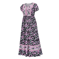 Lumento Women Floral Print Dress Summer V Neck Boho Dress Short Sleeve Long Maxi Dress
