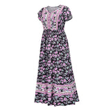 Lumento Women Floral Print Dress Summer V Neck Boho Dress Short Sleeve Long Maxi Dress